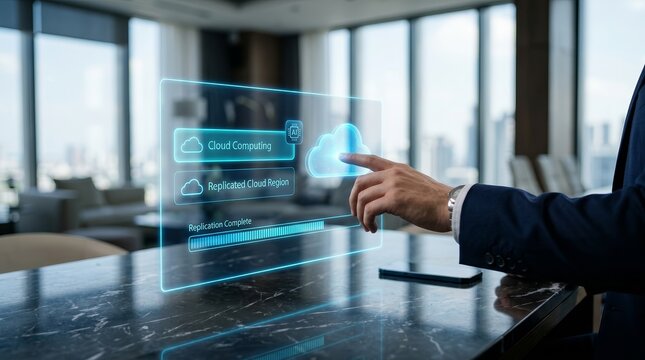 Secure data management through cloud computing and AI replication for business continuity.