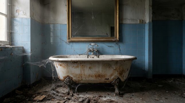 Spooky vintage architecture with a decayed blue tile bathroom and rusted clawfoot bathtub.