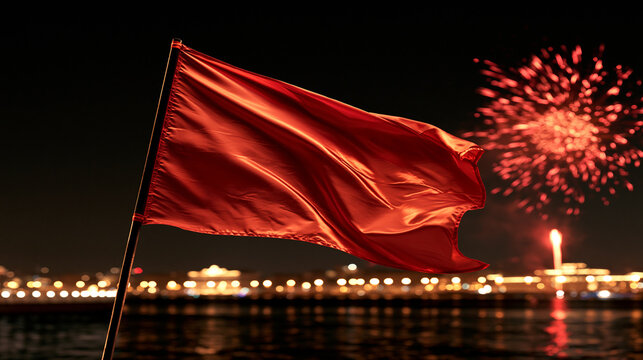 Festive national celebration scene with a waving red flag, sparkling fireworks and glowing city lights at night, unity, patriotism, cultural holiday, with copy space