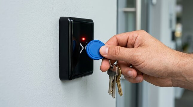 Secure building access is achieved by a person holding a blue key fob near an electronic reader.