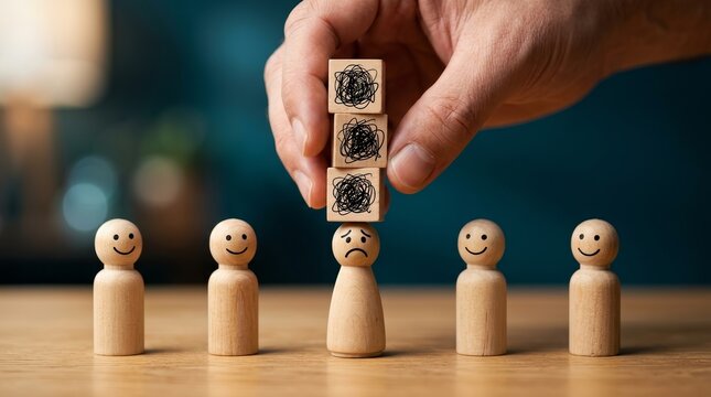 Concept of emotional overload and burnout shown by wooden figures under heavy burden blocks.