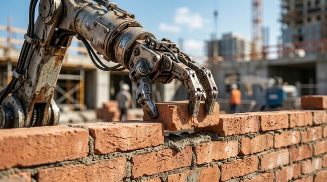 Advanced automated machine uses metal fingers to build a brick wall.
