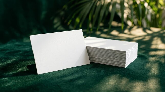 A stack of white business cards with one card angled on dark green velvet.