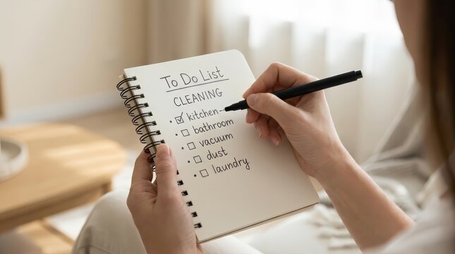 Person writing a cleaning schedule on a notebook for housework planning and organizing chores.