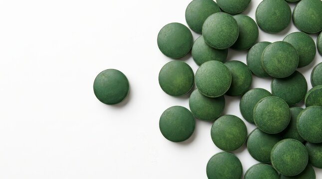 Top view of green superfood tablets, spirulina or chlorella, on a pure white surface.