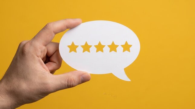 Five star rating icon in a paper speech bubble held by a human hand against yellow.