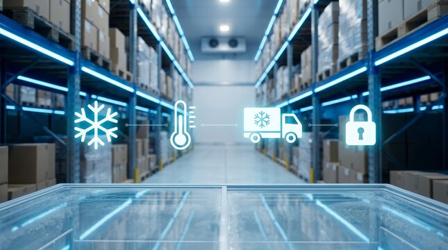 Frozen warehouse storage aisle background featuring cold chain logistics icons.