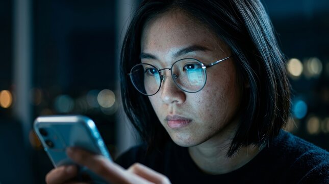 Focused Asian woman browsing on her mobile phone with blue screen light reflection.