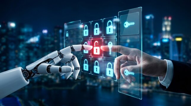 Cybersecurity concept featuring a robotic hand and human finger touching a digital lock and key interface.