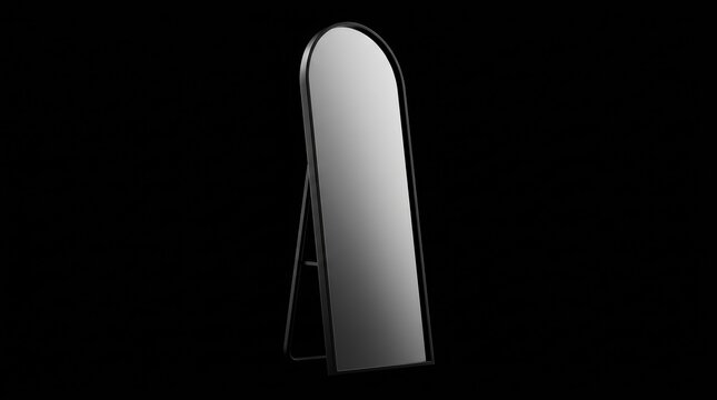 An arched full length mirror featuring a black frame and easel stand.