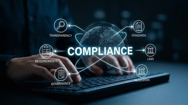 A digital interface showing compliance, laws, policies, and regulatory requirements.
