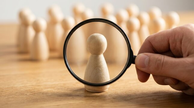 A close perspective of a magnifying glass focusing on a single wooden pawn for recruitment and talent selection.