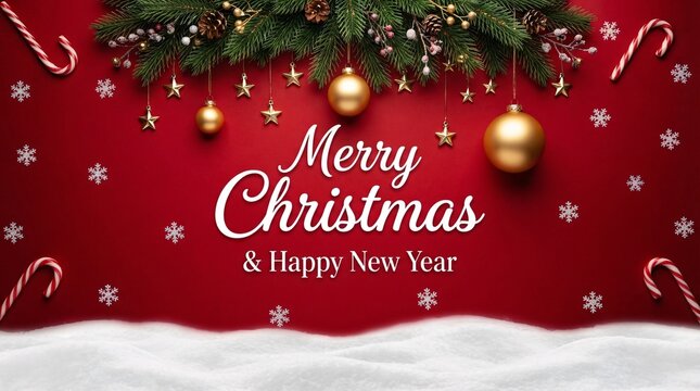 A festive red background featuring hanging ornaments and snowy ground for the holiday season