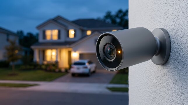 Advanced safety technology featuring a smart security camera watching a residential house during dusk.