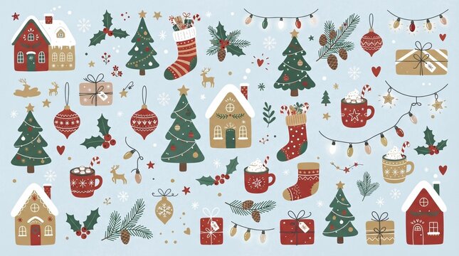 A festive collection of hand-drawn Christmas icons including houses trees ornaments and gifts