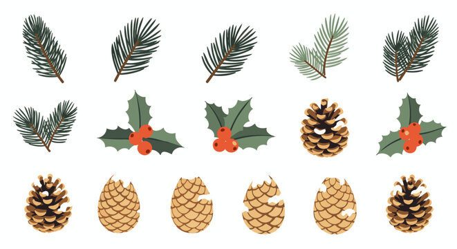 Festive botanical vector set with detailed pine branches, holly berries, and rustic pinecones isolated on white background, concept for winter holiday decorations, seasonal greeting cards, and