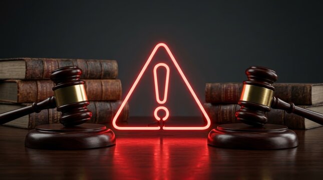 A glowing red warning sign highlighting regulatory updates next to wooden gavels and law books.