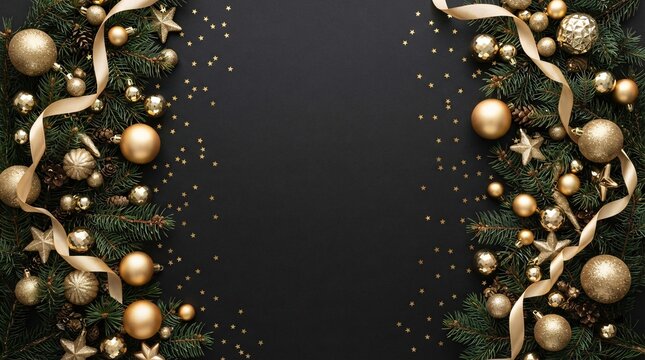 An elegant holiday border frame composed of shimmering gold Christmas baubles and lush evergreen branches