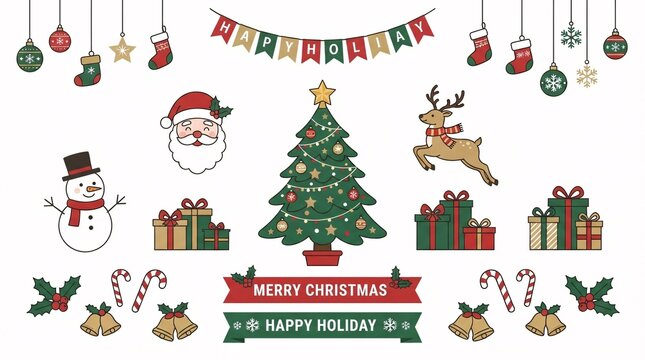 A festive collection of colorful Christmas themed vector icons featuring a tree santa and presents
