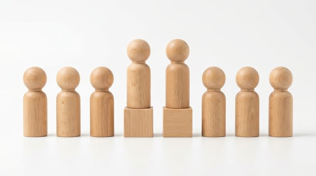 Seven wooden peg people figures arranged in a line on a white surface.