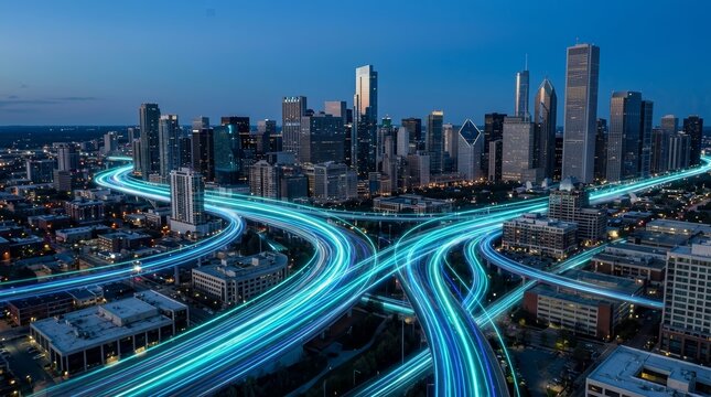 Skyscrapers in a smart city featuring flowing light trails of business digitalization and entrepreneurship.