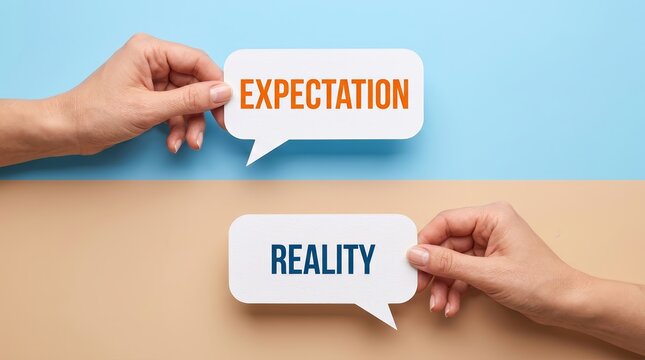 A hand holding an expectation speech bubble over a blue background and a reality speech bubble over a beige background.