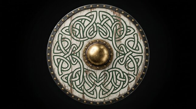 Viking shield made of wood featuring a green celtic knot design and a golden boss