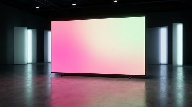 Modern 3D rendering of a blank presentation screen featuring glowing pink, cream, and green gradient light.