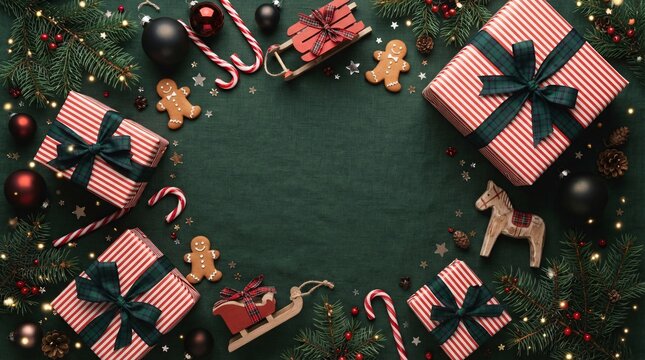 A festive flat lay featuring Christmas presents and decorations on a dark green background