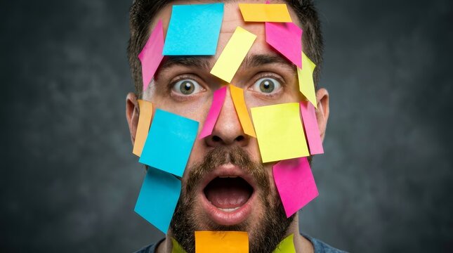 Surprised man feeling overwhelmed by colorful sticky note reminders and tasks on his head.