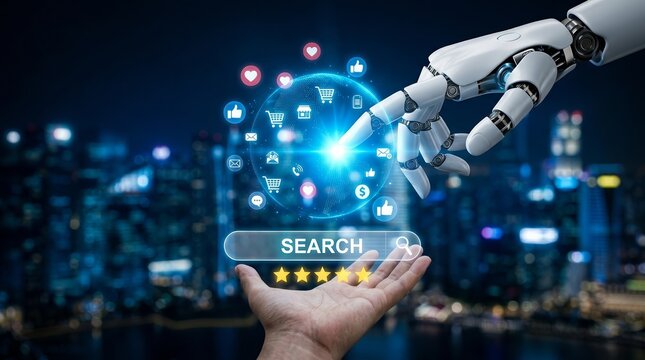 Digital icons and communication concepts featuring a robotic hand touching a glowing interface.