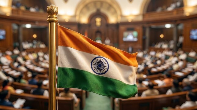 An Indian flag stands in the foreground of a busy parliamentary chamber filled with people.