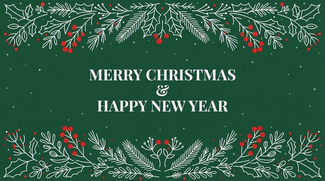 A festive seasonal greeting card featuring white botanical illustrations on a solid green background