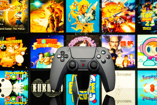 August 8, 2026, Odessa, Ukraine.  Sony PS5 30th Anniversary controller with classic retro games grid back