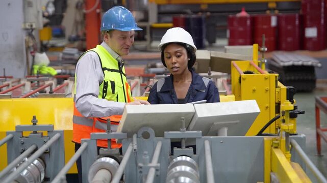 Two industrial engineers in safety helmets and vests inspect machinery and review production processes during a factory quality control audit.