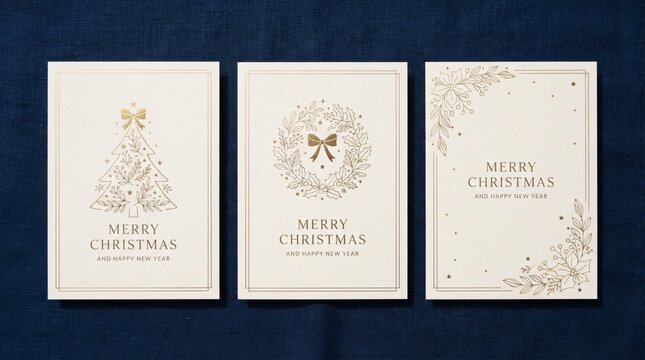 Three elegant Christmas greeting card designs featuring gold foil illustrations on textured paper