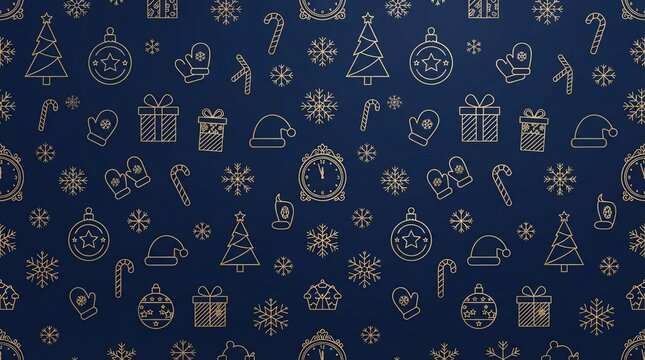 A festive seamless pattern featuring gold line art of Christmas trees and snowflakes on blue