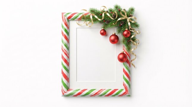 A festive vertical picture frame decorated with candy cane stripes and beautiful Christmas greenery