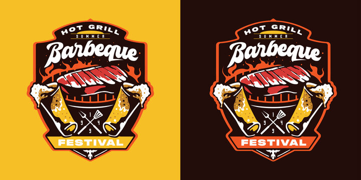 Vintage Barbecue Festival Badge Logo with Grilled Meat, BBQ Grill and Crossed Utensils