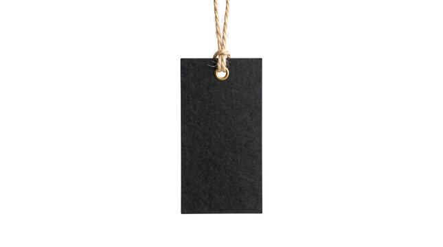Black paper price tag with twine string, blank cardboard clothing label on white background, minimalist retail hang tag mockup