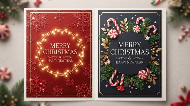 A dual composition display of elegant red and navy holiday greeting cards adorned with festive elements