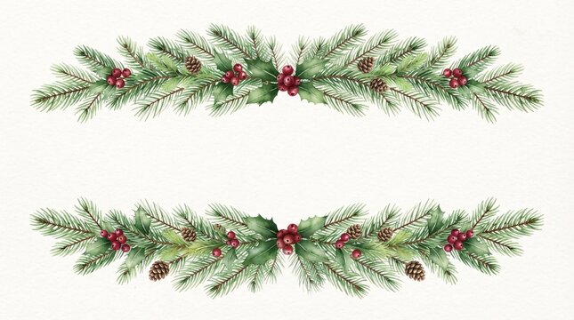 A beautiful watercolor Christmas border illustration featuring pine branches with red berries and pinecones
