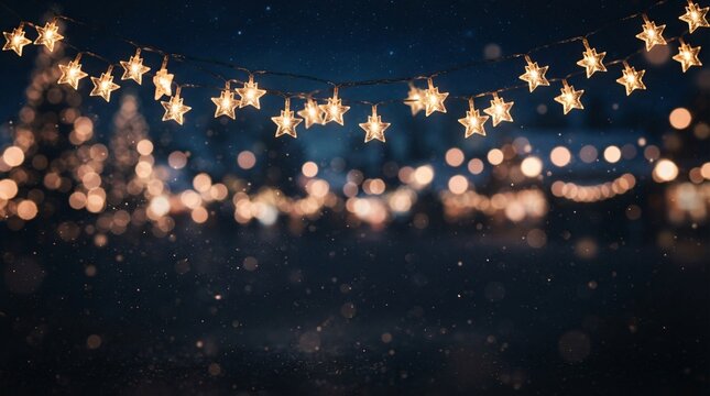 A festive string of glowing star lights hanging over a dreamy blurred winter night backdrop