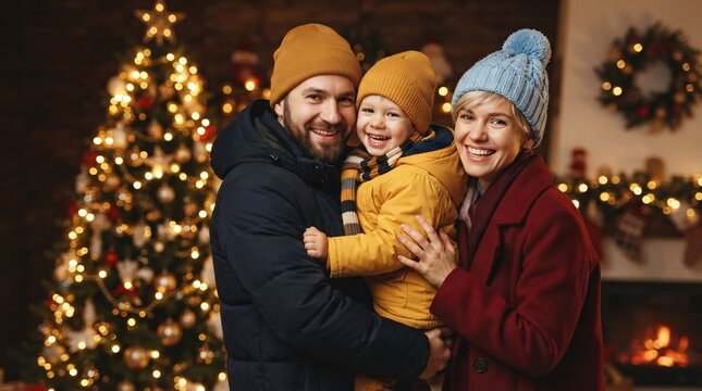 A smiling young family of three poses together for a joyful Christmas holiday portrait