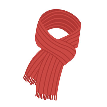 Flat vector illustration of a red knitted winter scarf folded into a loop with vertical ribbing and fringe tassels at the ends, minimalist graphic style on white background for cold season.