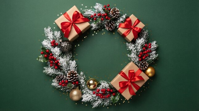 A beautiful Christmas wreath featuring festive gifts and ornaments against a solid deep green background