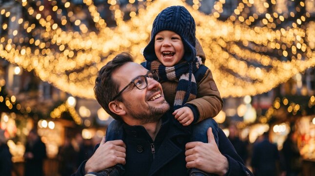 A joyous father carries his happy son on his shoulders amidst the warm glow of evening holiday lights