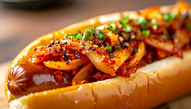 Korean hot dog with spicy kimchi and gochujang sauce, crispy golden crust, tasty food. Appetizing snack. Cooking and culinary concept. Close-up.