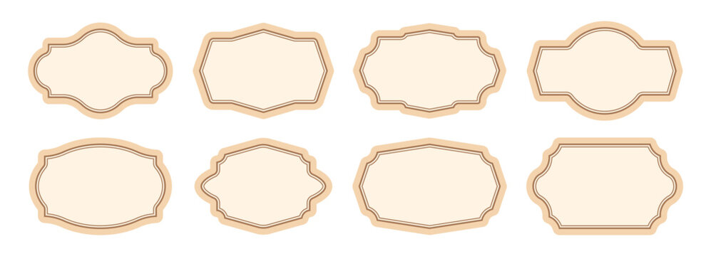 Border coupon, label shape and badge emblem with ornate frame. Vintage outline sign with line traditional for classic retro banner. Set of decorative frame design for label invitation, packaging, tag.