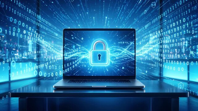 Cybersecurity concept featuring glowing padlock on laptop screen. Digital data streams and binary code in modern office setting. Lockdown shot with subtle vertical tilt.